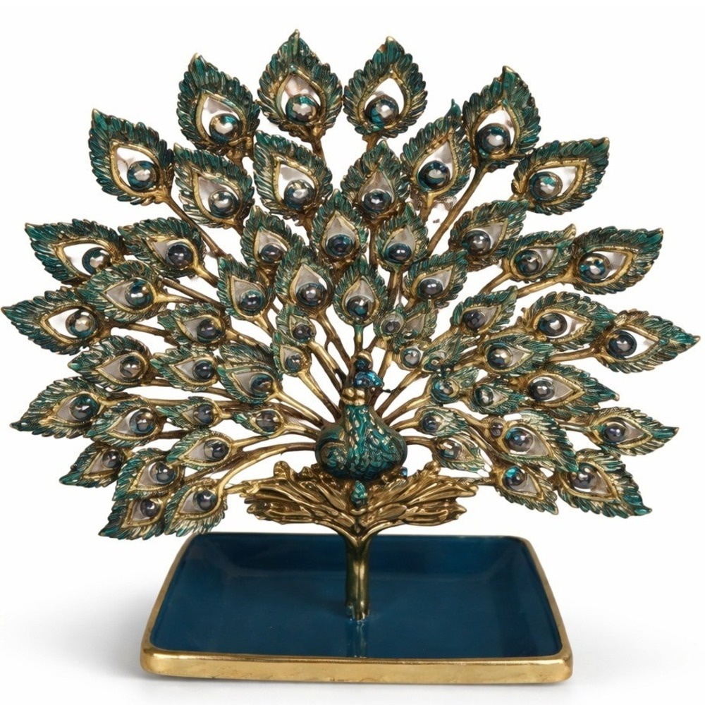 Peacock Jewelry Holder Trinket Dish Teal Gold Metal Decorative Vanity Display